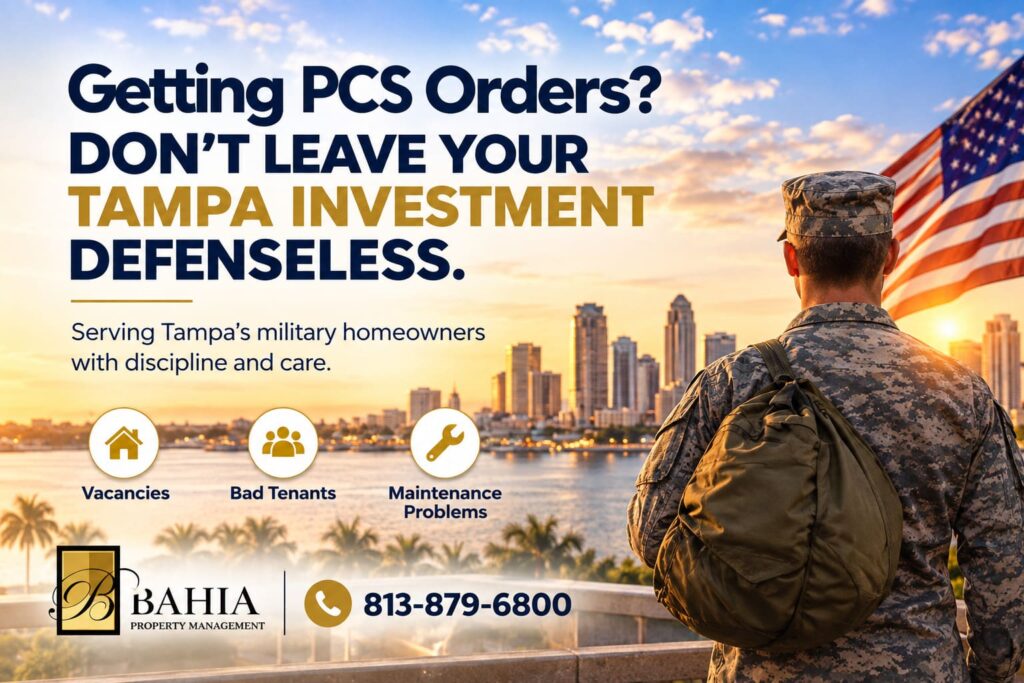 alt="Military homeowner with PCS orders overlooking Tampa, highlighting Bahia Property Management services for vacancies, tenant placement, and maintenance"