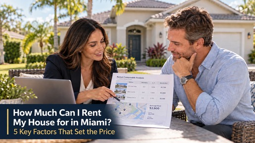 Property manager and homeowner reviewing rental comparables outside a Florida house; image headline asks how much a house can rent for in Florida.